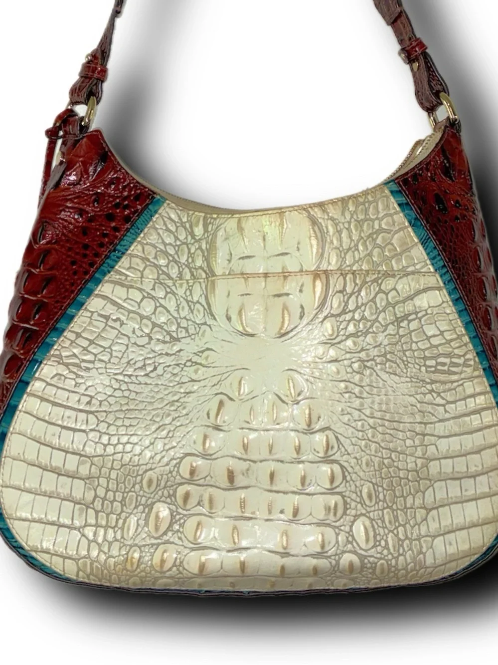 Brahmin Cream Croc-Embossed Hobo with Burgundy and Teal Trim